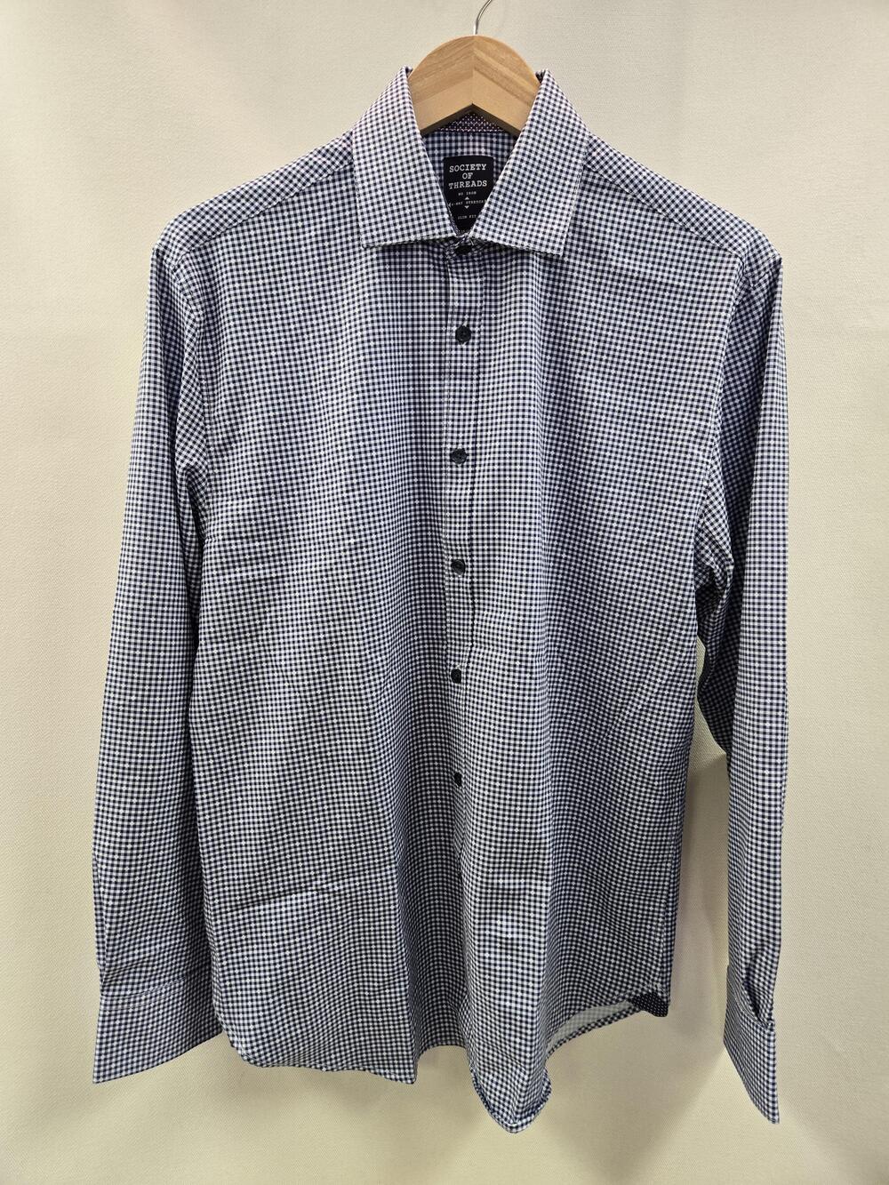 Society Of Threads Dress Shirt Mens Medium Blue Check Slim Fit Stretch No Iron
